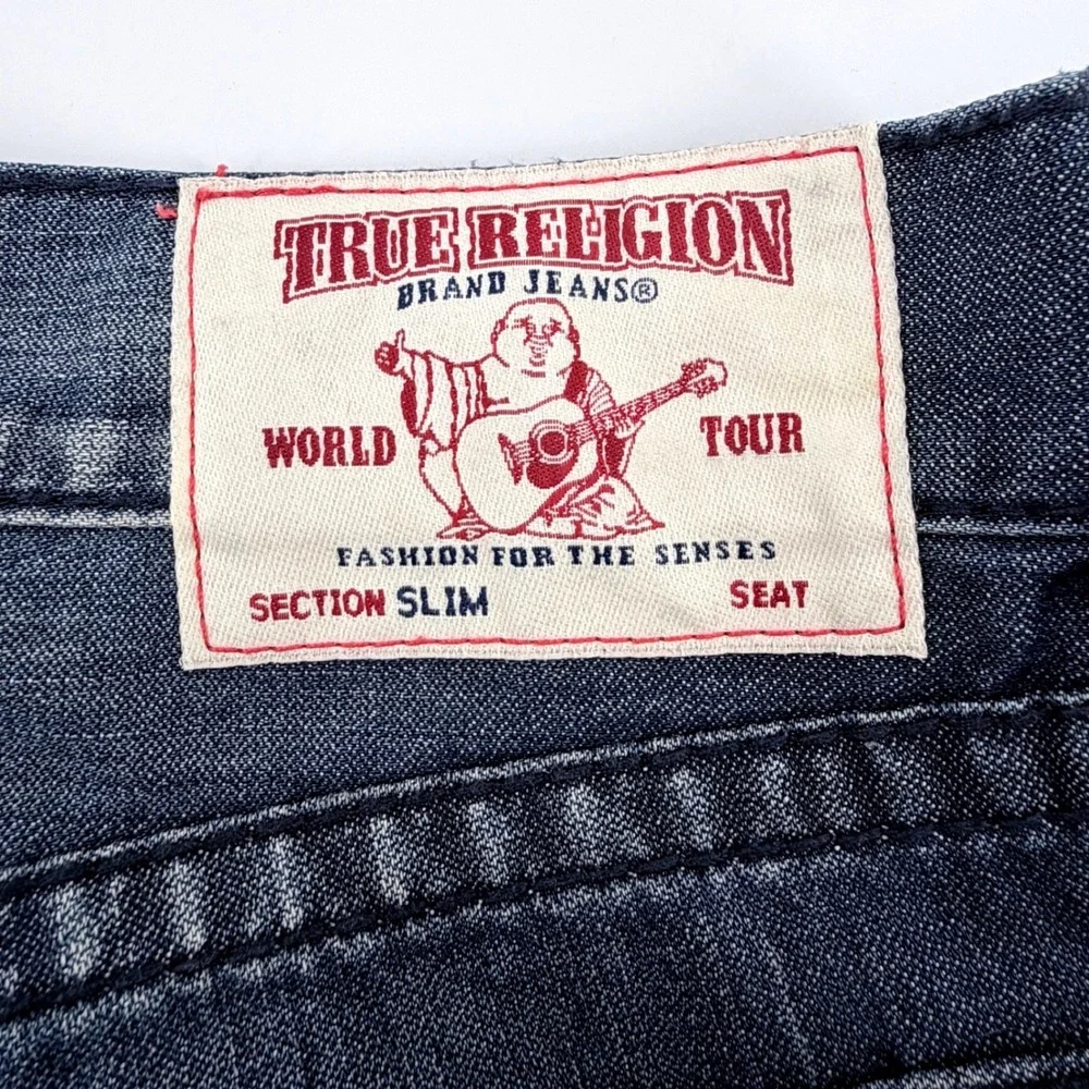 True Religion Slim Jeans Mens 34 Blue‎ Exc Faded Whiskered Red Plaid Straight